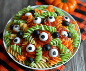 Colorful Halloween Eyeball Pasta Salad with creepy eyeball-shaped pasta, fresh vegetables, and spooky toppings for a festive Halloween party recipe.