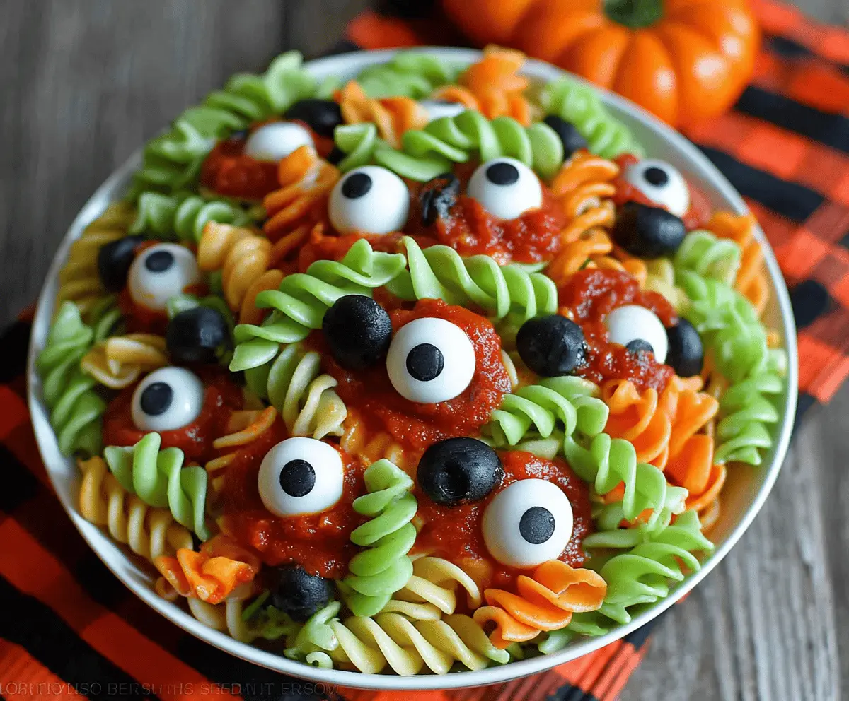 Colorful Halloween Eyeball Pasta Salad with creepy eyeball-shaped pasta, fresh vegetables, and spooky toppings for a festive Halloween party recipe.