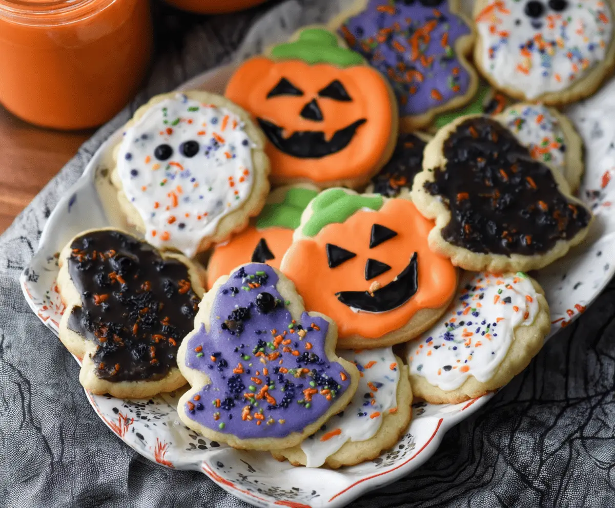 Delicious Halloween-themed shortbread cookies decorated with colorful icing and spooky designs for festive celebrations.