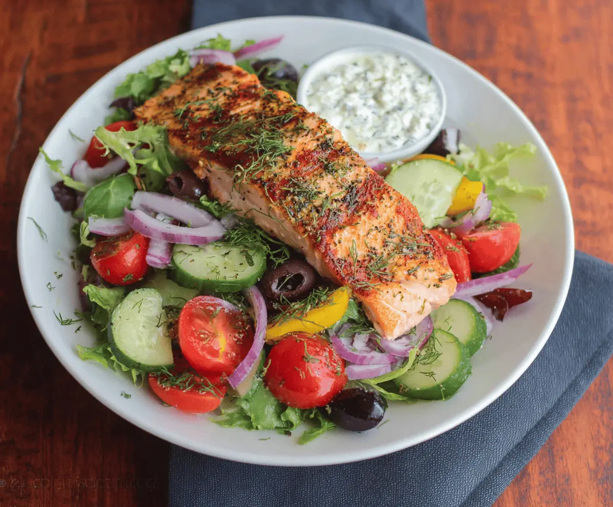 Fresh and vibrant healthy salmon salad with mixed greens, cherry tomatoes, cucumber, and a light vinaigrette dressing.