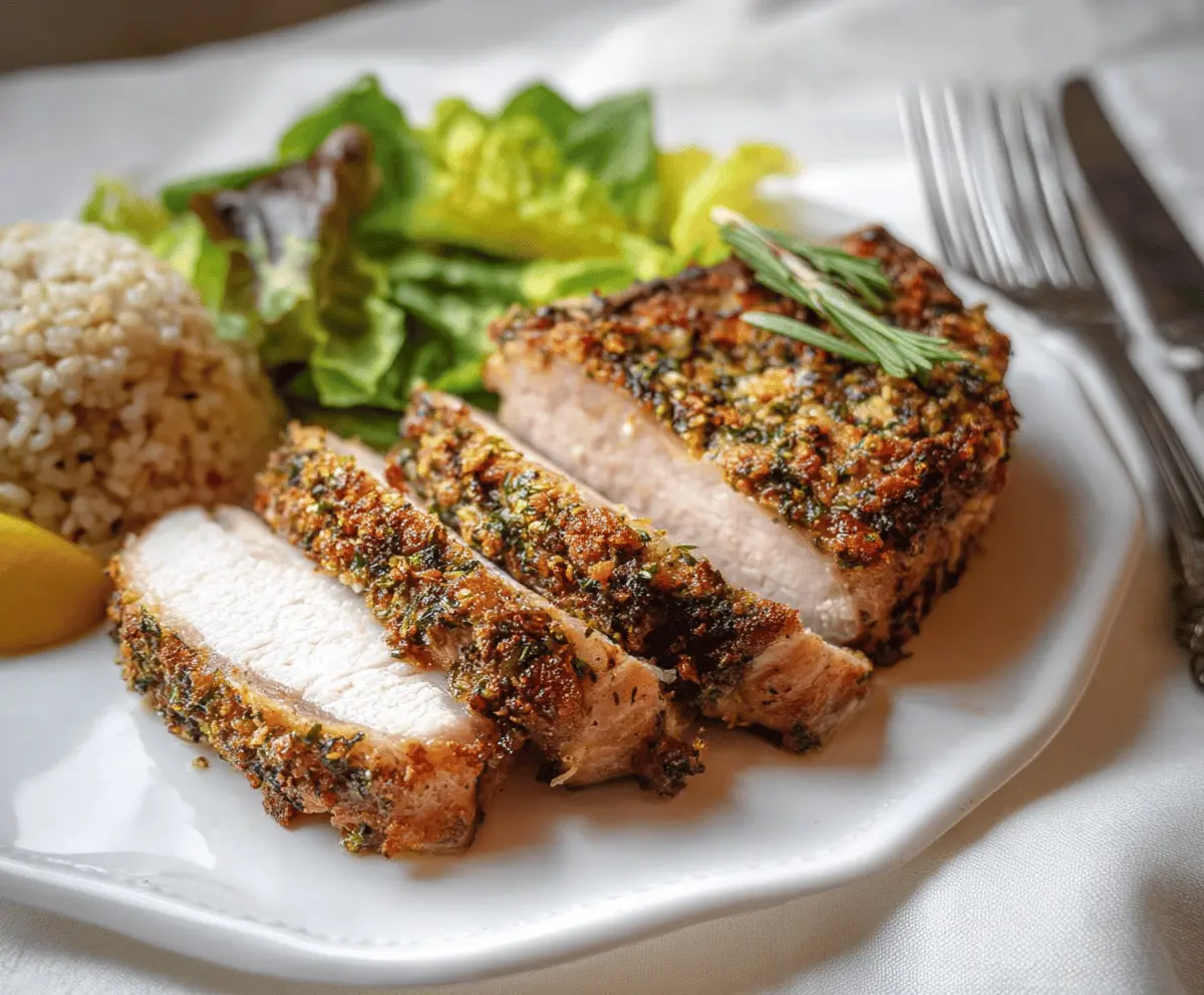 Juicy herb crusted pork chops garnished with fresh herbs on a rustic wooden cutting board, ready to serve
