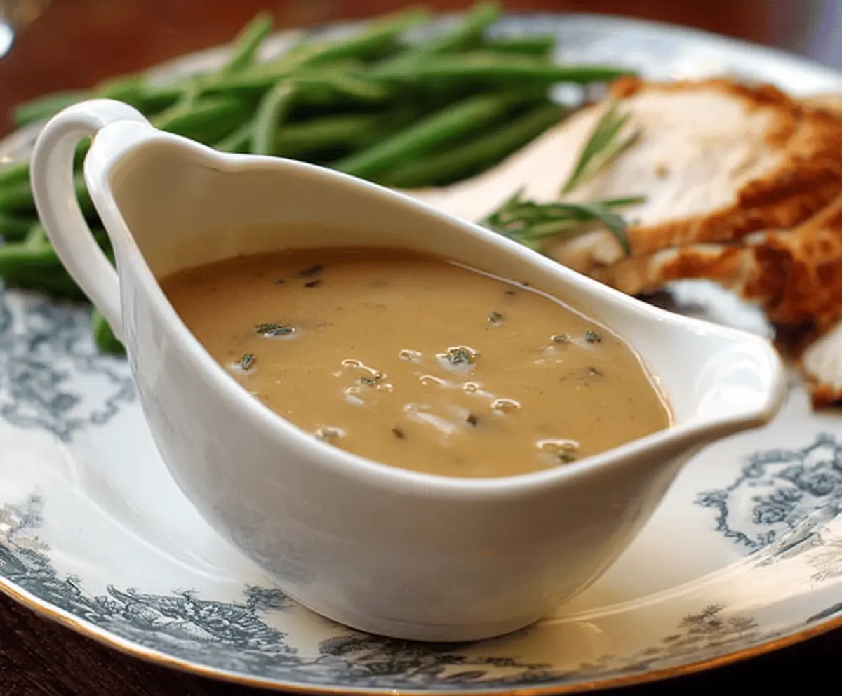 Delicious homemade herbed turkey gravy served in a white gravy boat with fresh herbs and cooked turkey, perfect for holiday dinners