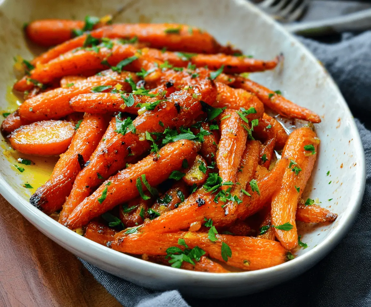 Delicious honey glazed carrots served on a white plate, showcasing a shiny golden coating and tender texture.