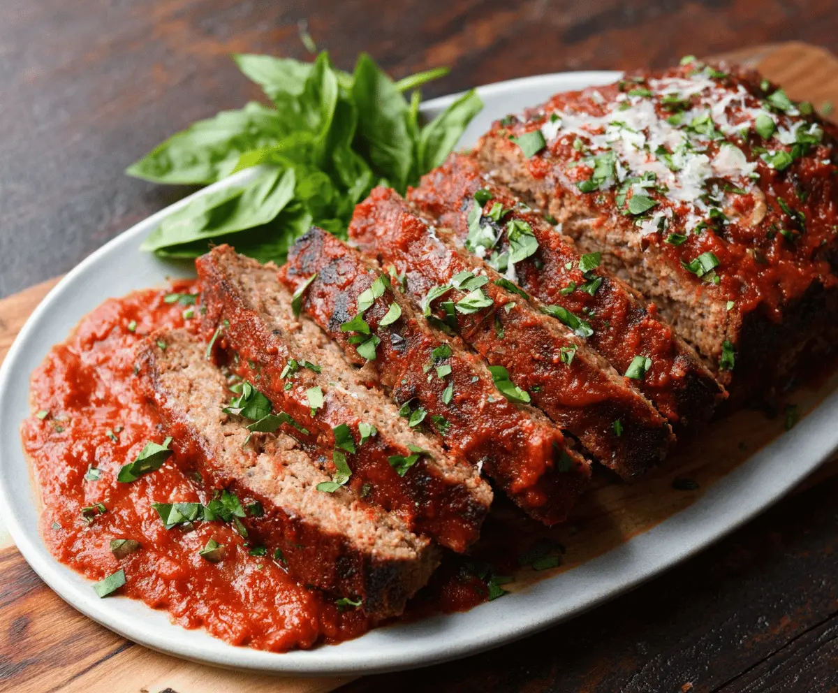 Delicious homemade Italian meatloaf garnished with fresh herbs and tomato sauce, served on a white plate