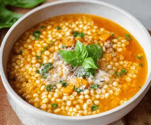 A bowl of warm Italian Pastina Soup with tiny pasta, fresh herbs, and grated cheese served in a rustic ceramic bowl, perfect for comforting meals.