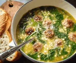A bowl of Italian Wedding Soup featuring meatballs, spinach, and pasta in a clear broth, garnished with fresh herbs.