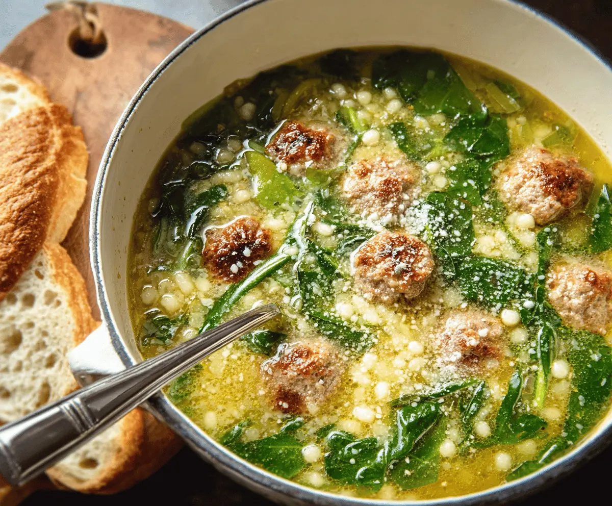 A bowl of Italian Wedding Soup featuring meatballs, spinach, and pasta in a clear broth, garnished with fresh herbs.