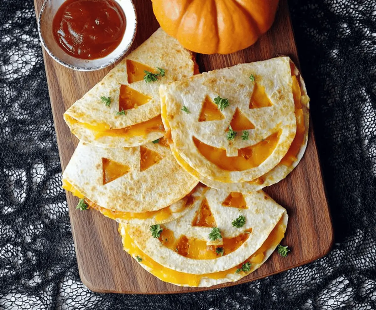 Delicious Jack o Lantern quesadillas with melted cheese and festive Halloween decoration, perfect for a spooky party snack.