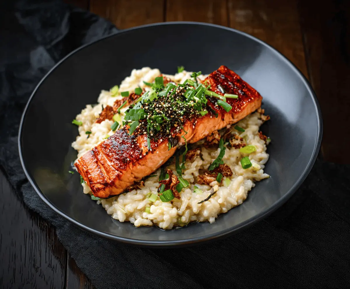 Delicious Japanese-style risotto topped with seared salmon and fresh herbs.