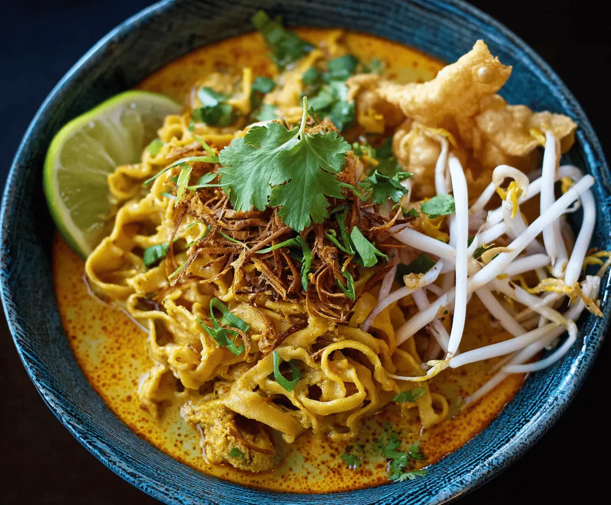Creamy Khao Soi bowl with rich coconut curry, crispy noodles, and fresh herbs, served in a traditional Thai-style bowl.