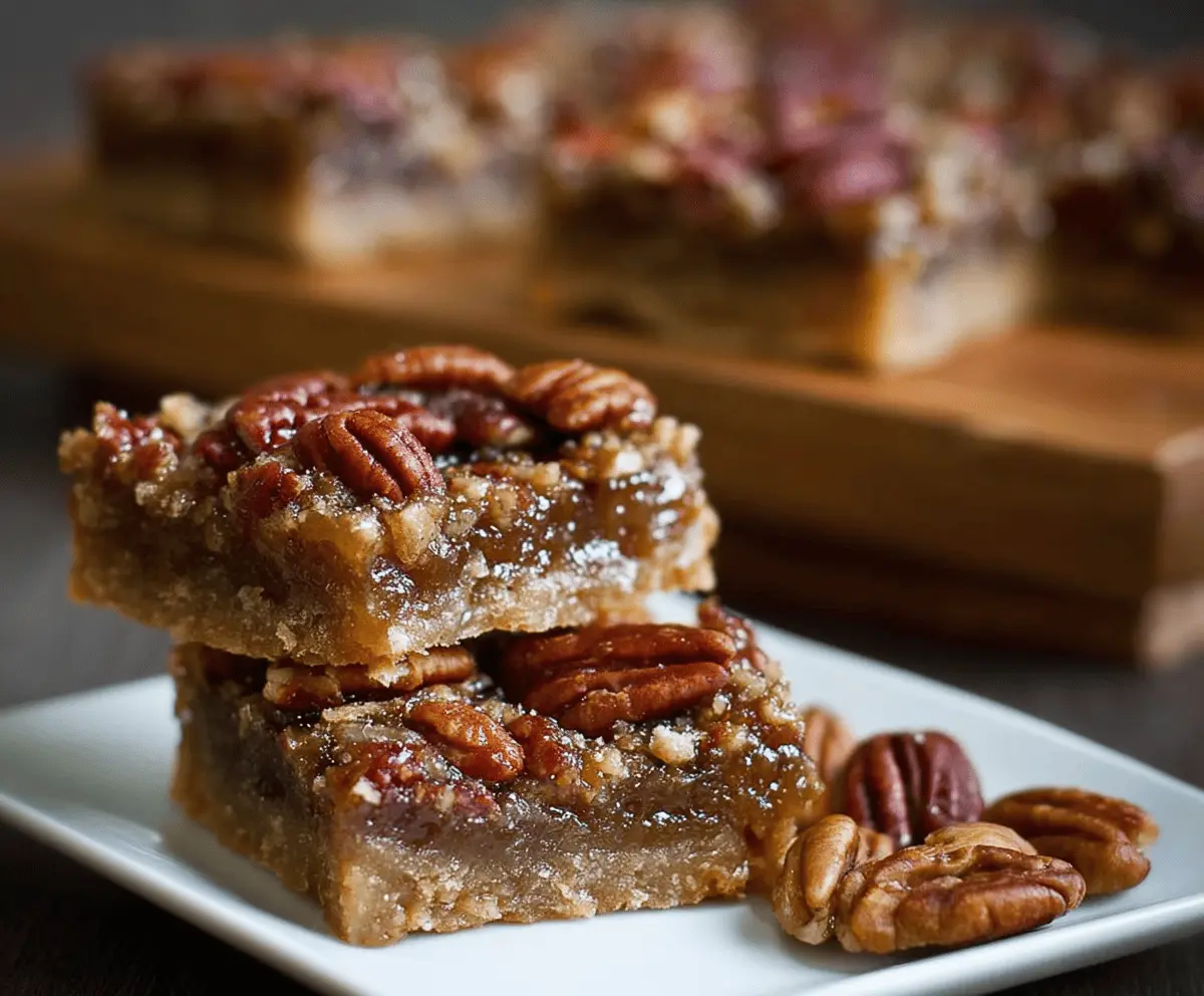 Delicious Maple Pecan Pie Bars topped with caramelized pecans and drizzled with maple syrup on a rustic wooden surface.