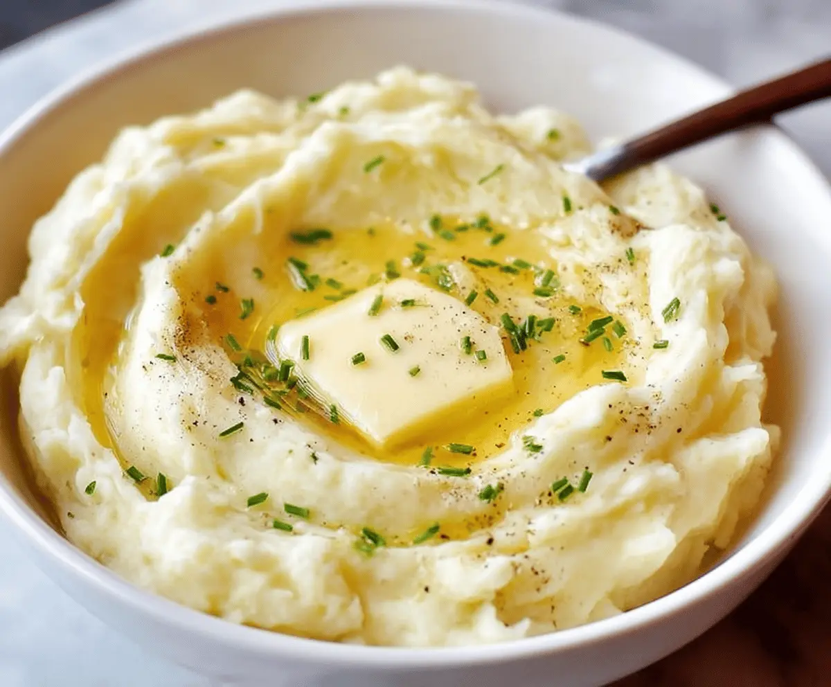 Creamy homemade mashed potatoes topped with fresh herbs, served as a comforting side dish