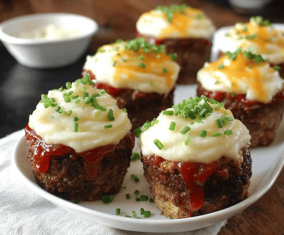 Delicious meatloaf cupcakes topped with creamy mashed potato frosting, served on a plate with fresh herbs, perfect for a comforting family dinner.