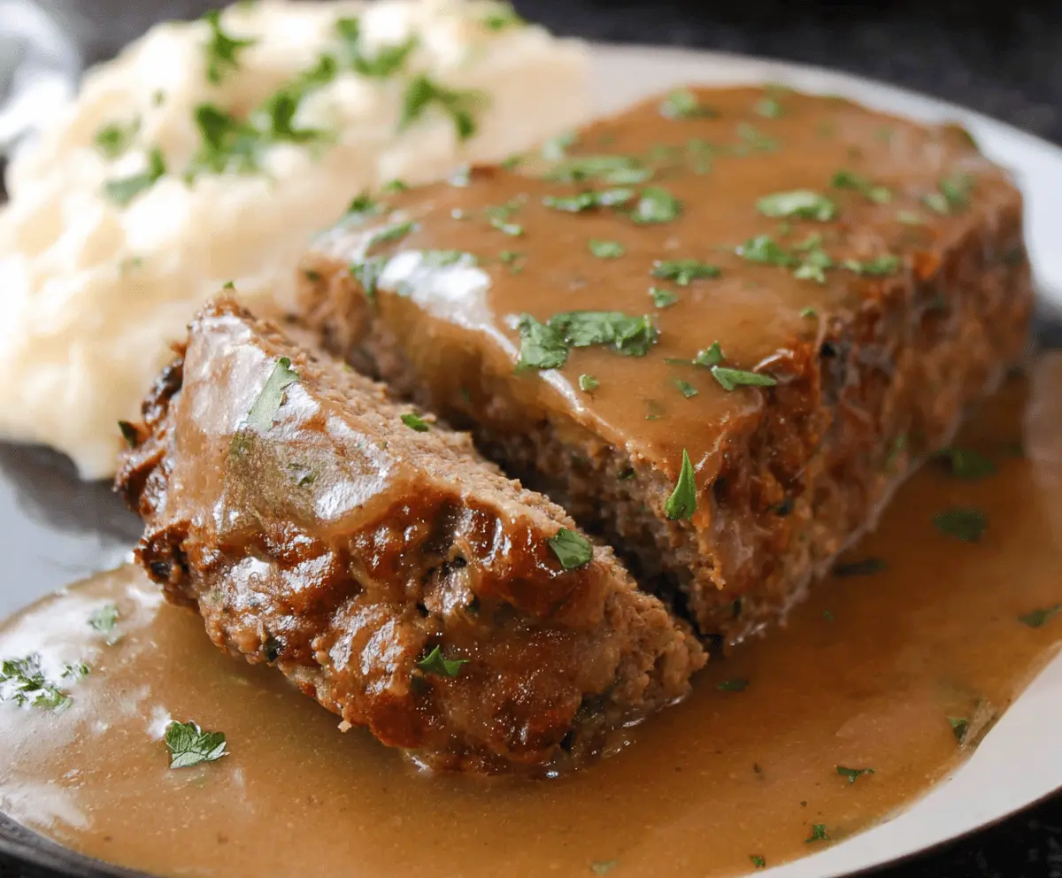 Delicious homemade meatloaf topped with rich brown gravy served on a plate with side vegetables