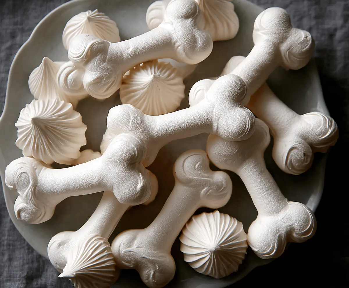 Delicious Meringue Bone Cookies decorated for Halloween, featuring crispy white meringue shaped like bones on a festive plate.