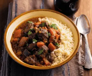 Hearty Moroccan Beef Stew with tender beef, vegetables, and aromatic spices served in a rustic bowl