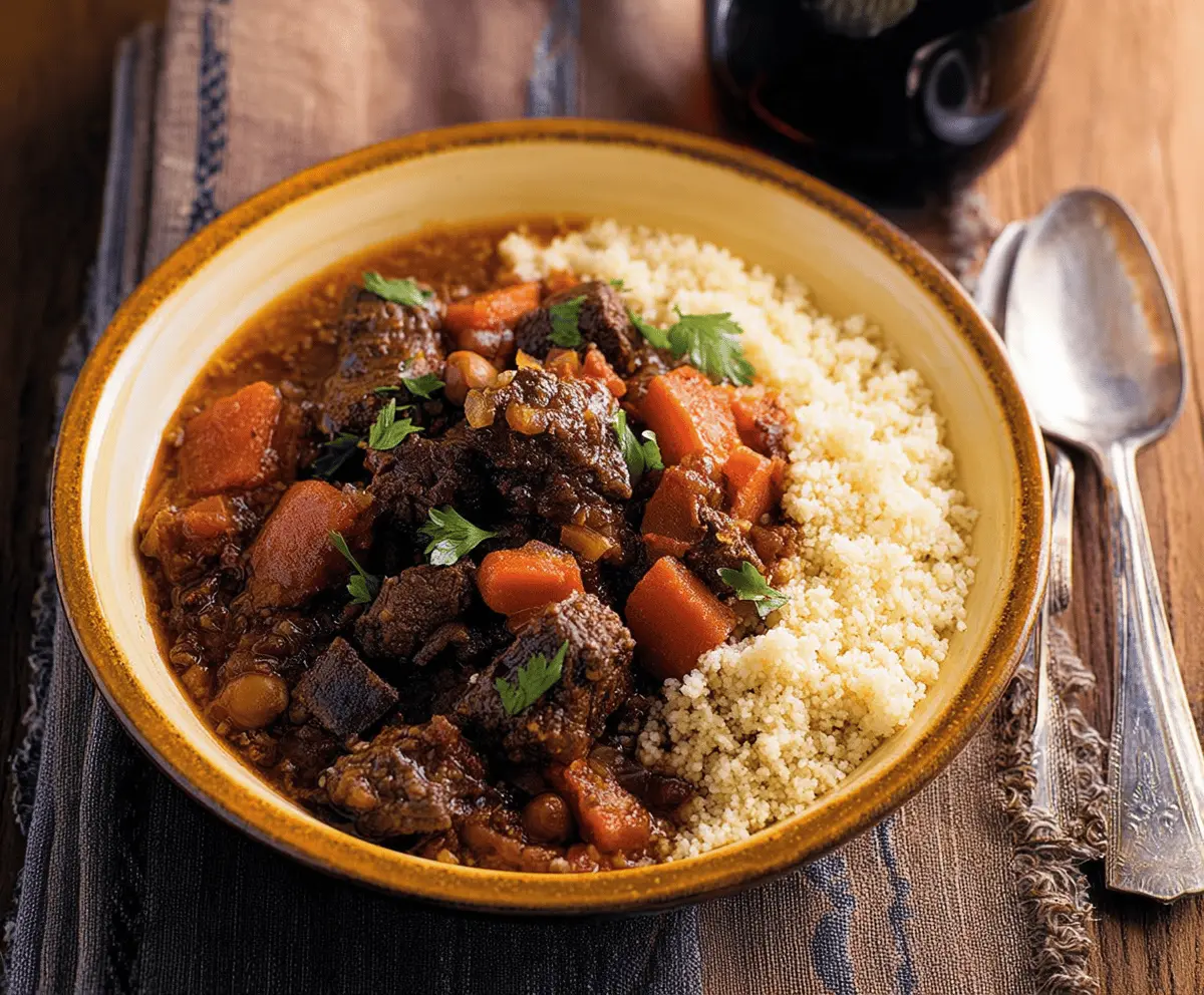 Hearty Moroccan Beef Stew with tender beef, vegetables, and aromatic spices served in a rustic bowl