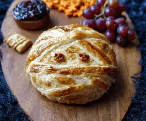 Mummy Baked Brie appetizer with puff pastry, olives, and decorative mummy bandages, perfect for Halloween parties