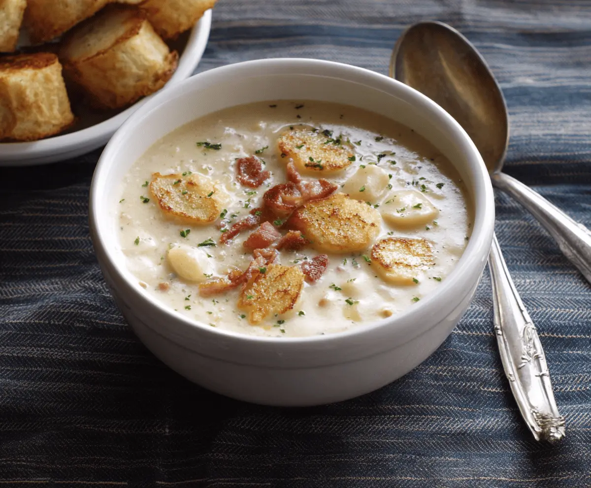 Creamy New England Clam Chowder served in a bowl with fresh herbs and oyster crackers, showcasing a comforting seafood soup.