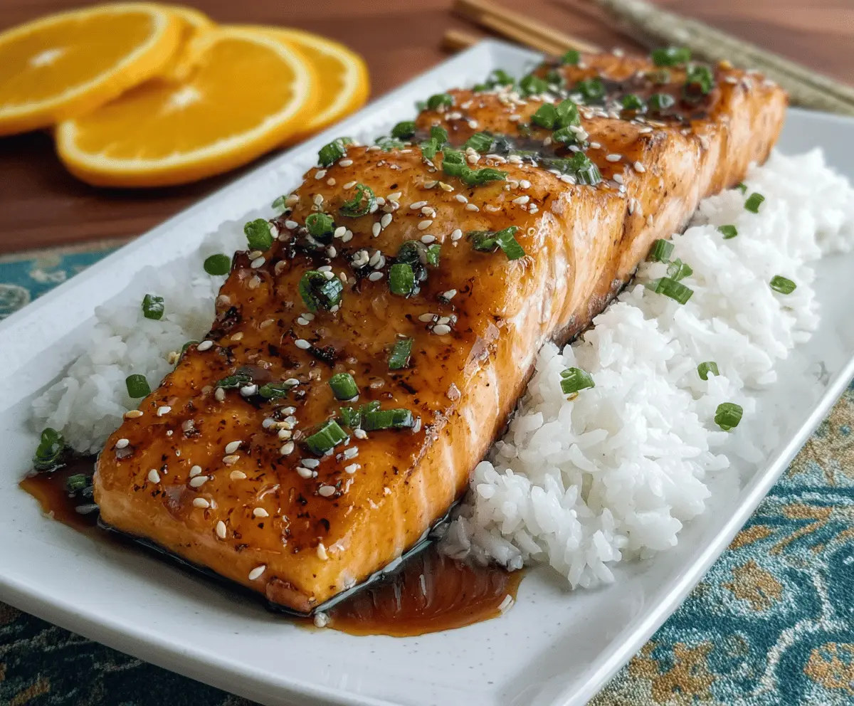 Juicy orange teriyaki glazed salmon fillet garnished with fresh herbs served with steamed vegetables and rice.