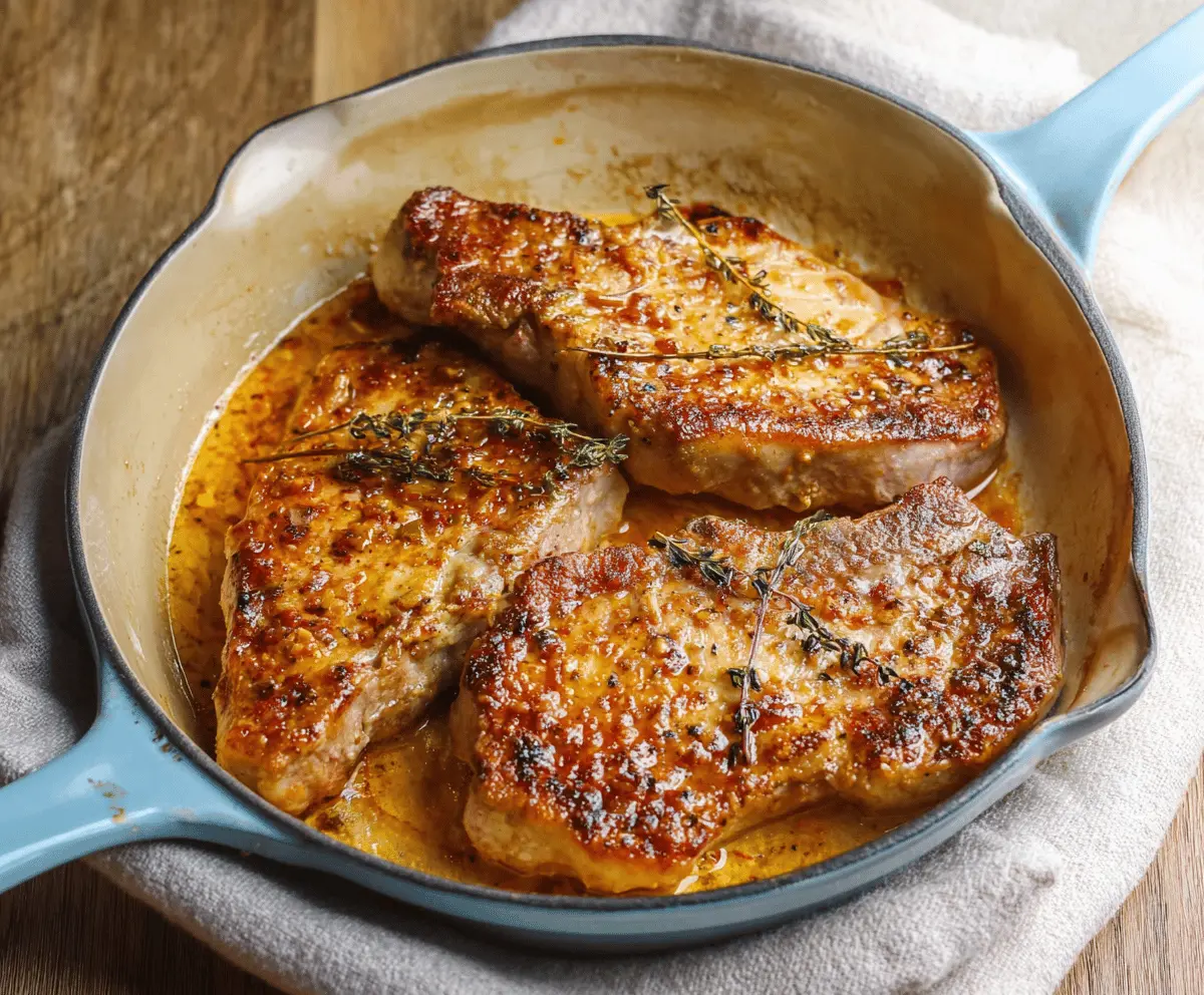 Juicy oven-baked pork chops seasoned with herbs and served on a white plate, perfect for a delicious dinner