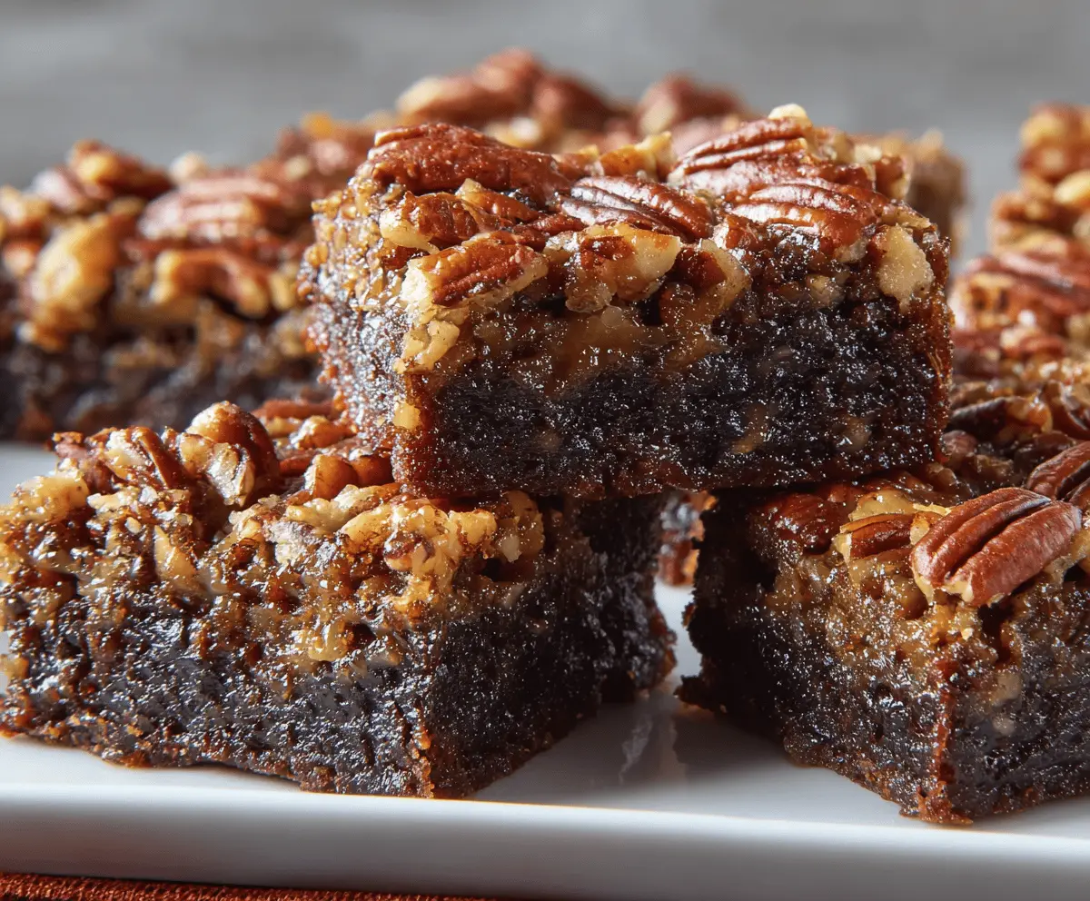 Delicious Pecan Pie Brownies with gooey chocolate and crunchy pecans topped with caramel glaze