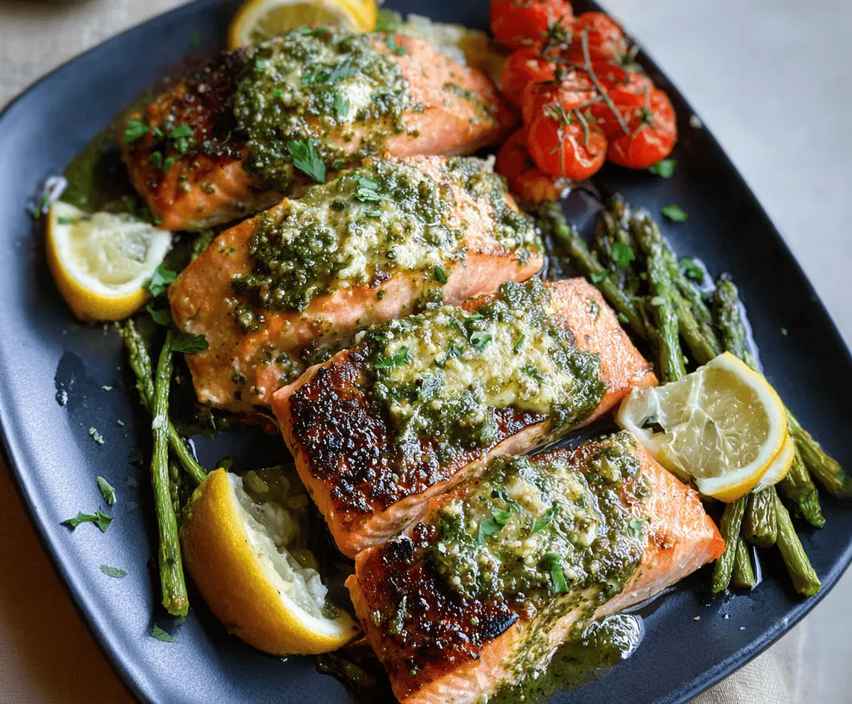 Delicious Pesto Butter Salmon fillet garnished with fresh herbs, served with lemon wedges on a rustic wooden plate