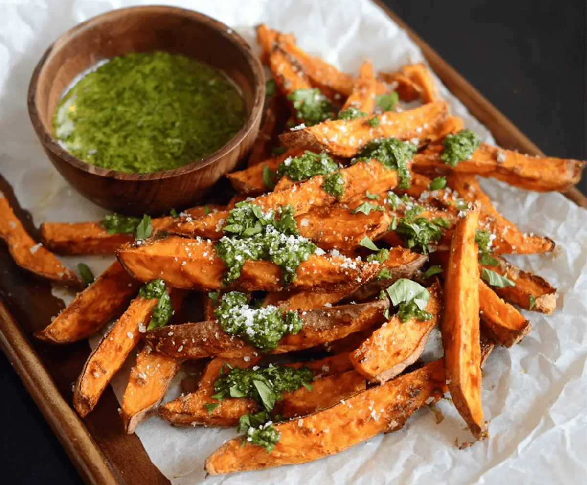 Delicious pesto-coated sweet potato fries served with fresh herbs