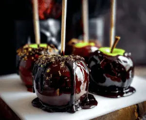 Delicious Poison Apple Caramel Apples topped with vibrant green caramel coating and spooky candy decorations for a Halloween treat