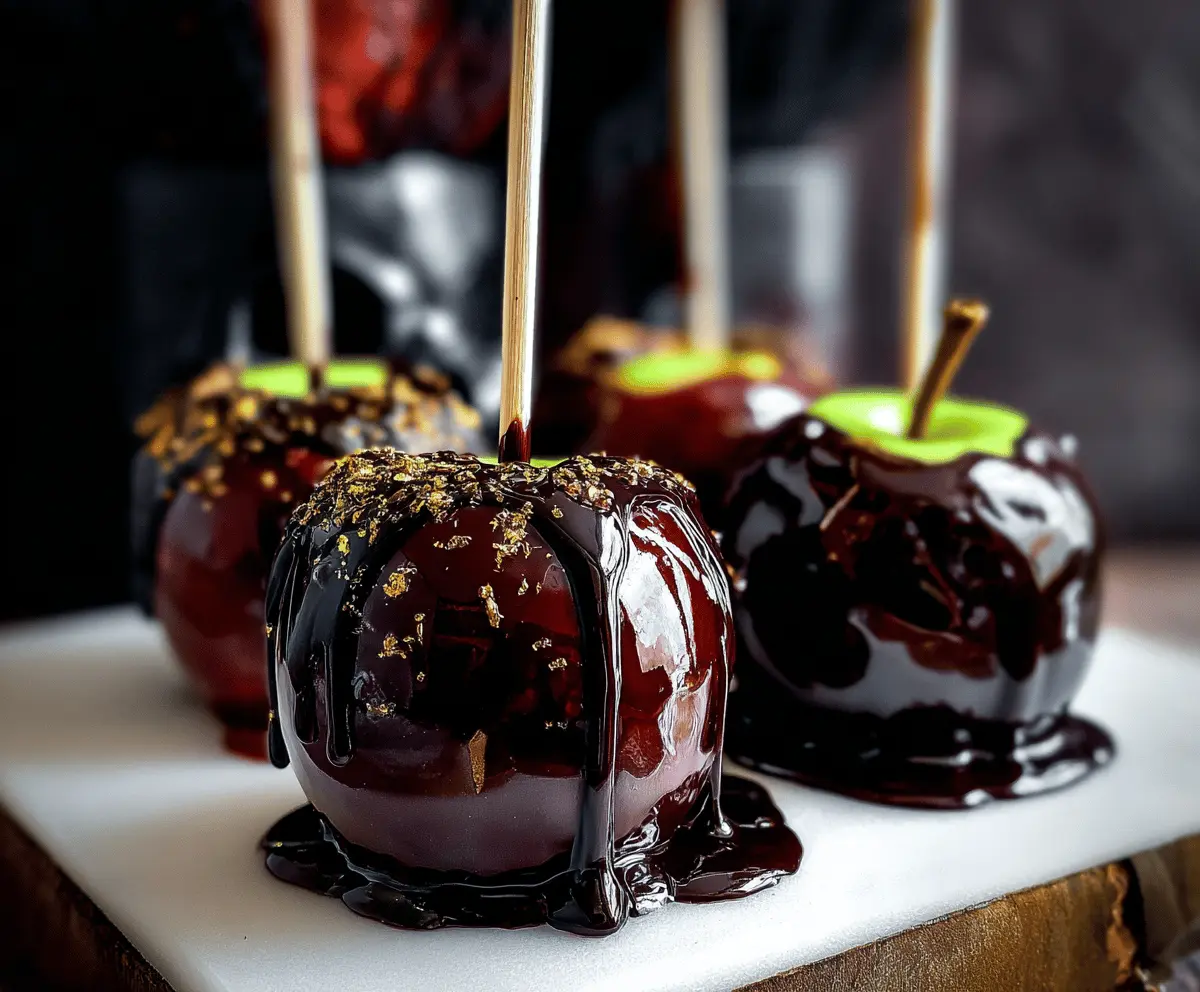 Delicious Poison Apple Caramel Apples topped with vibrant green caramel coating and spooky candy decorations for a Halloween treat