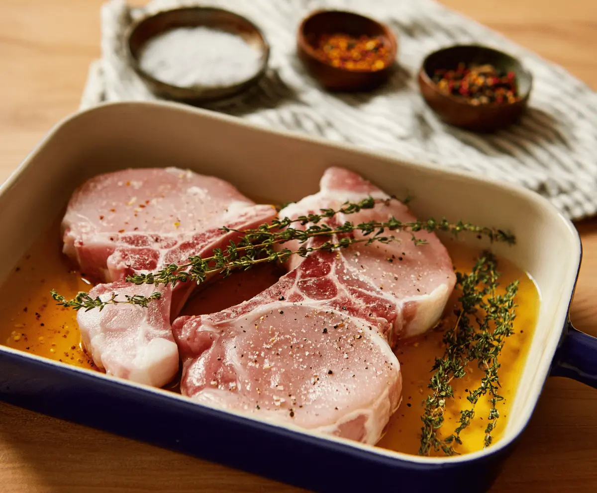 Juicy pork chops soaking in a flavorful brine solution for tender, delicious results