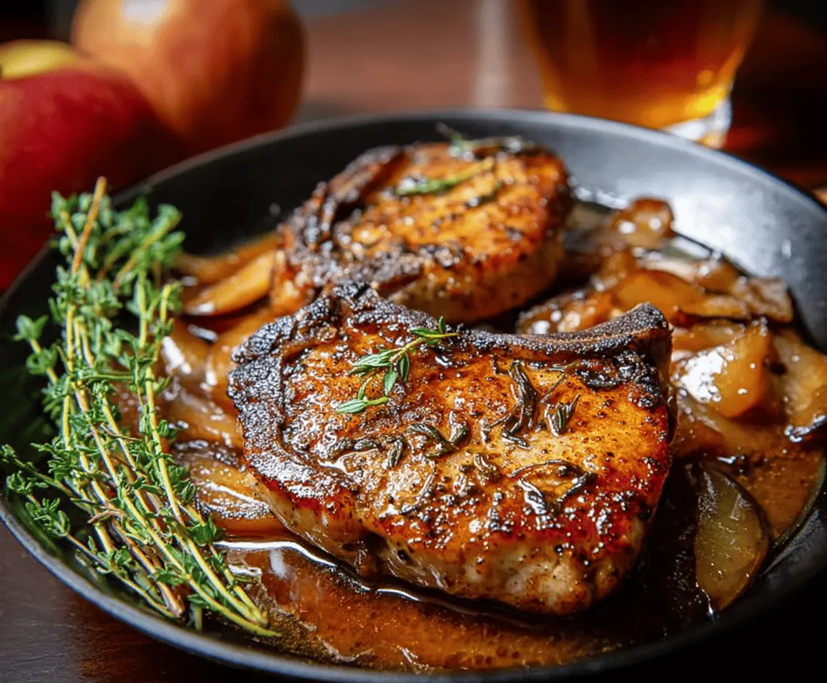 Juicy pork chops cooked with apple cider sauce, garnished with fresh herbs on a rustic wooden plate