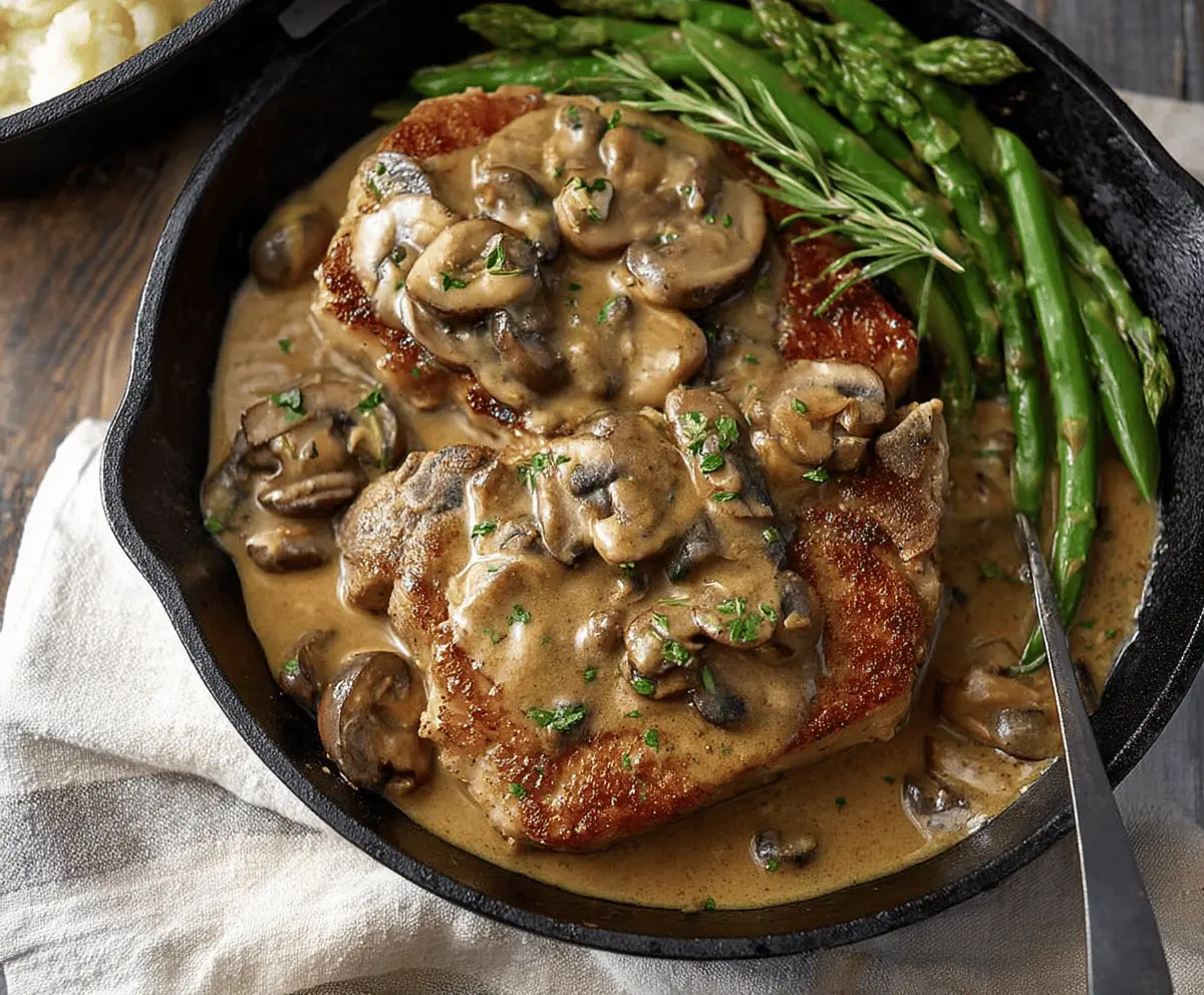 Juicy pork chops topped with rich mushroom gravy served with sides on a rustic plate