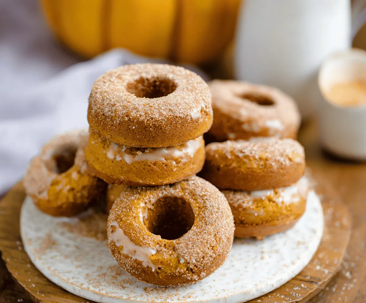 Delicious homemade pumpkin baked donuts topped with cinnamon glaze, perfect for fall treats.