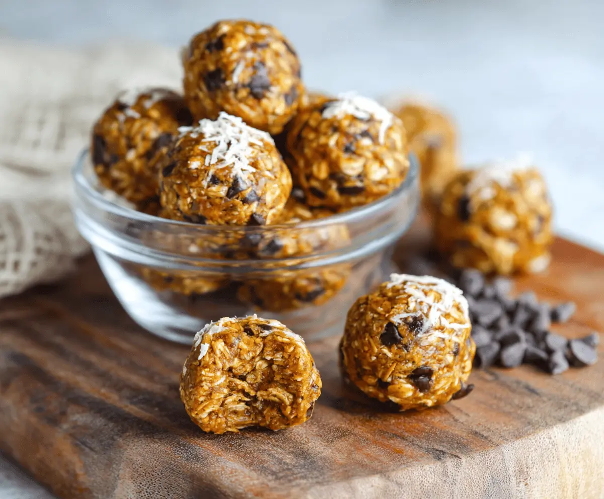 Delicious homemade pumpkin banana protein balls with oats and chocolate chips, a healthy energy snack, on a rustic wooden surface.