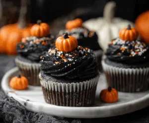 Delicious Pumpkin Black Velvet Cupcakes topped with cream cheese frosting and garnished with chocolate shavings, perfect for fall celebrations
