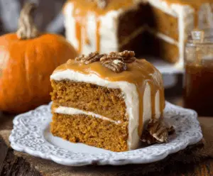 Delicious pumpkin cake topped with caramel cream cheese frosting, perfect for fall desserts and holiday celebrations