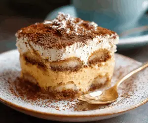 Delicious Pumpkin Chai Tiramisu served in a glass dish with layered mascarpone and pumpkin filling, topped with cinnamon and whipped cream for a festive fall dessert.