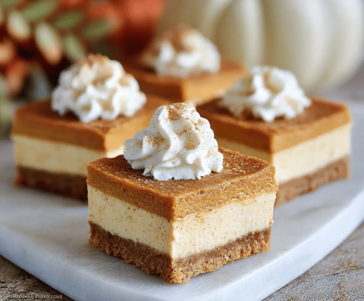 Creamy pumpkin cheesecake bars topped with whipped cream and cinnamon on a decorative plate, perfect for fall desserts.
