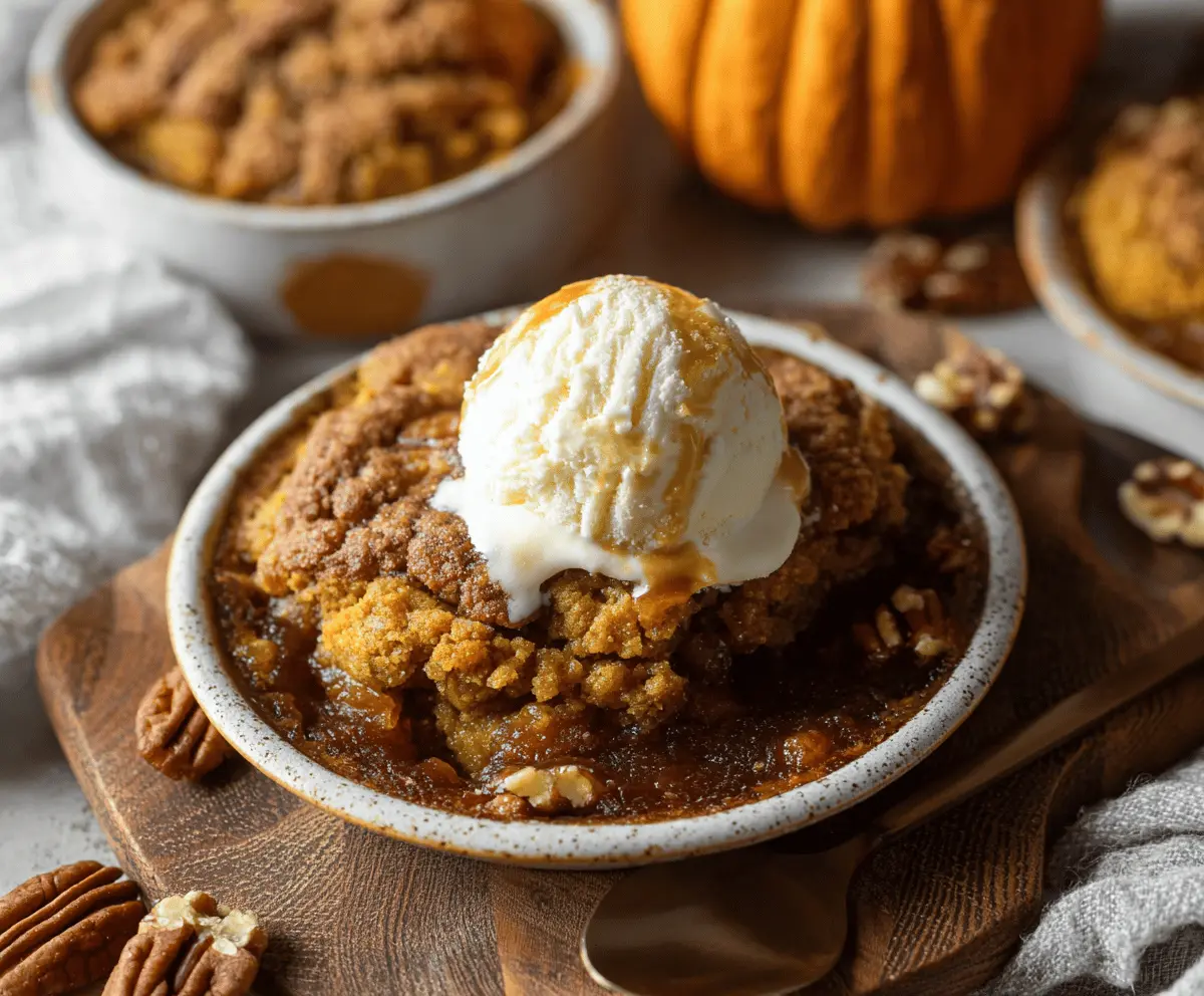 Delicious homemade pumpkin cobbler with a crispy topping and warm pumpkin filling served in a rustic baking dish.