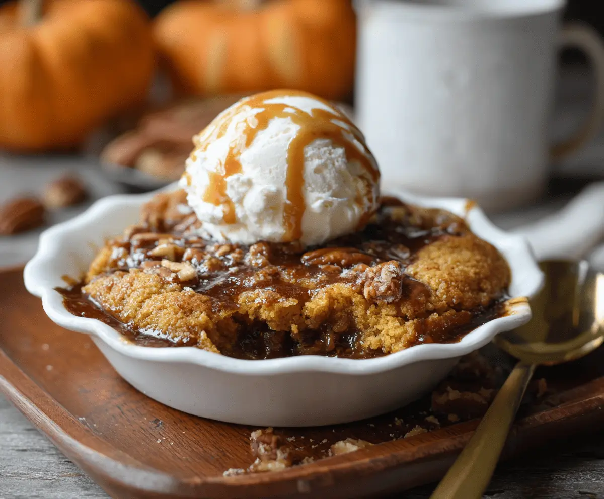 Delicious homemade pumpkin cobbler topped with golden crust, served in a white dish, perfect for fall desserts.