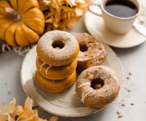 Fresh homemade pumpkin donuts glazed with cinnamon sugar on a rustic wooden platter, perfect for fall desserts