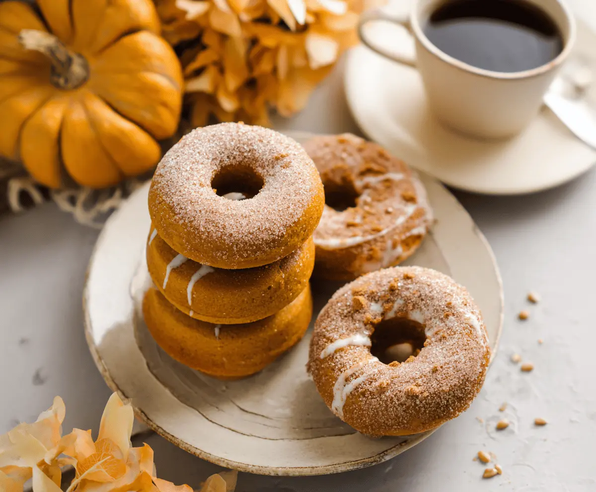 Fresh homemade pumpkin donuts glazed with cinnamon sugar on a rustic wooden platter, perfect for fall desserts