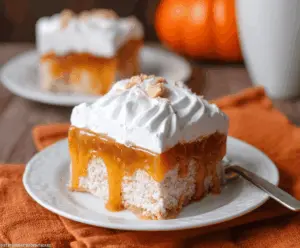 Delicious Pumpkin Jello Poke Cake topped with whipped cream and fall spices, perfect for autumn desserts