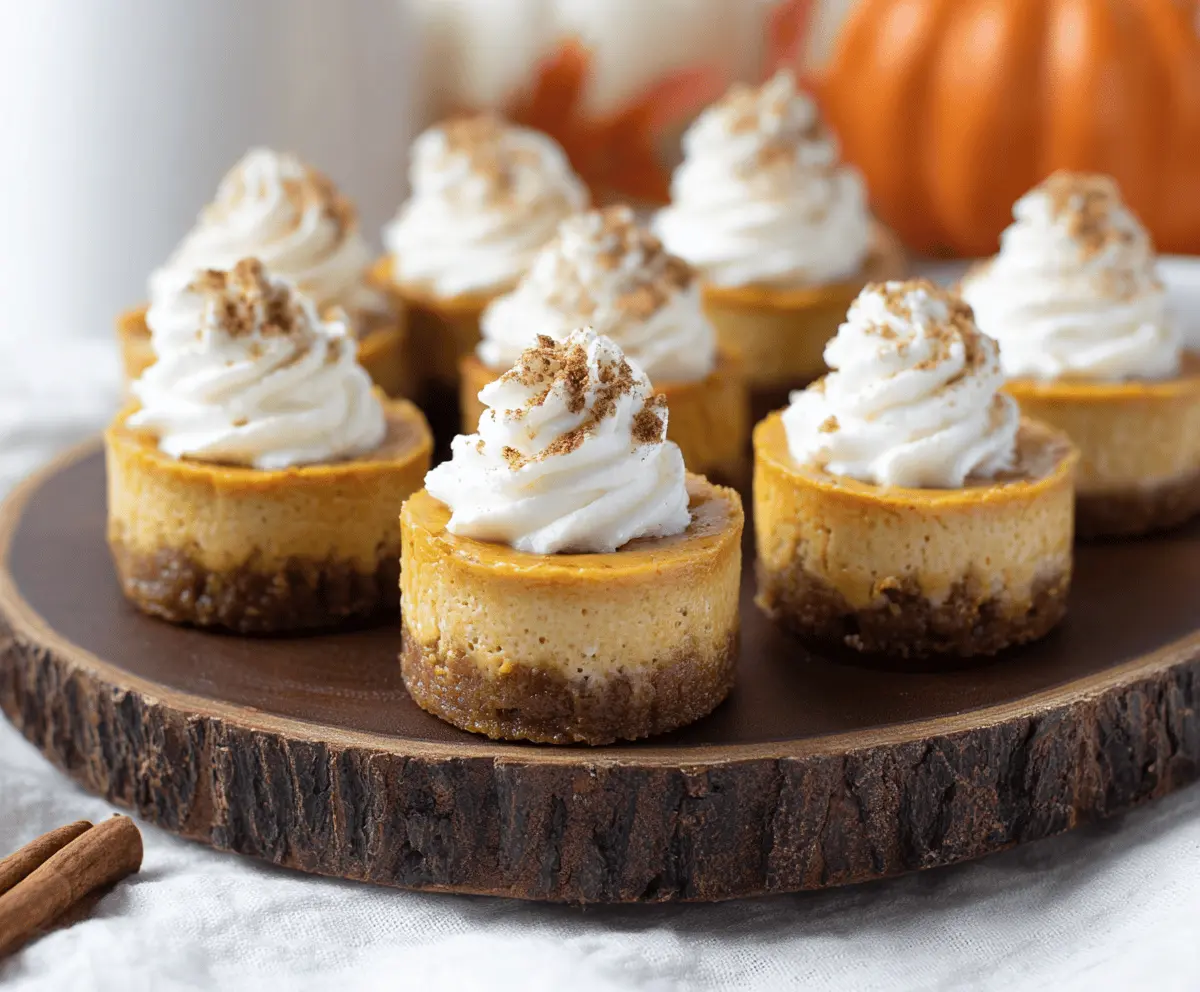Delicious pumpkin mini cheesecakes topped with whipped cream and cinnamon, perfect for fall desserts.