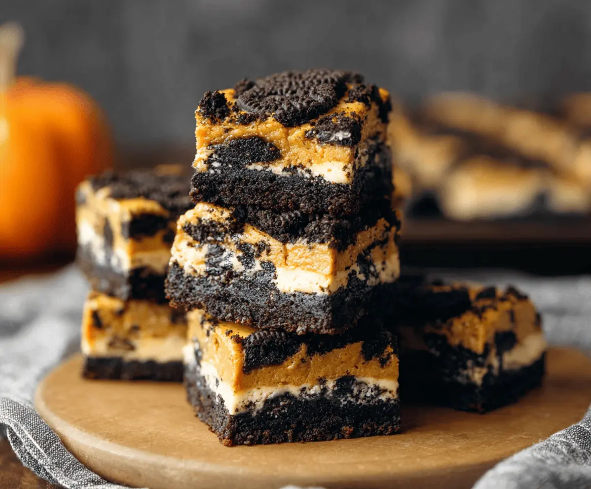 Delicious Pumpkin Oreo Cheesecake Bars topped with whipped cream and crushed Oreos on a decorative plate, perfect for fall desserts