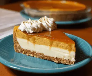 Creamy Pumpkin Pie Cheesecake topped with whipped cream and cinnamon, perfect for fall desserts