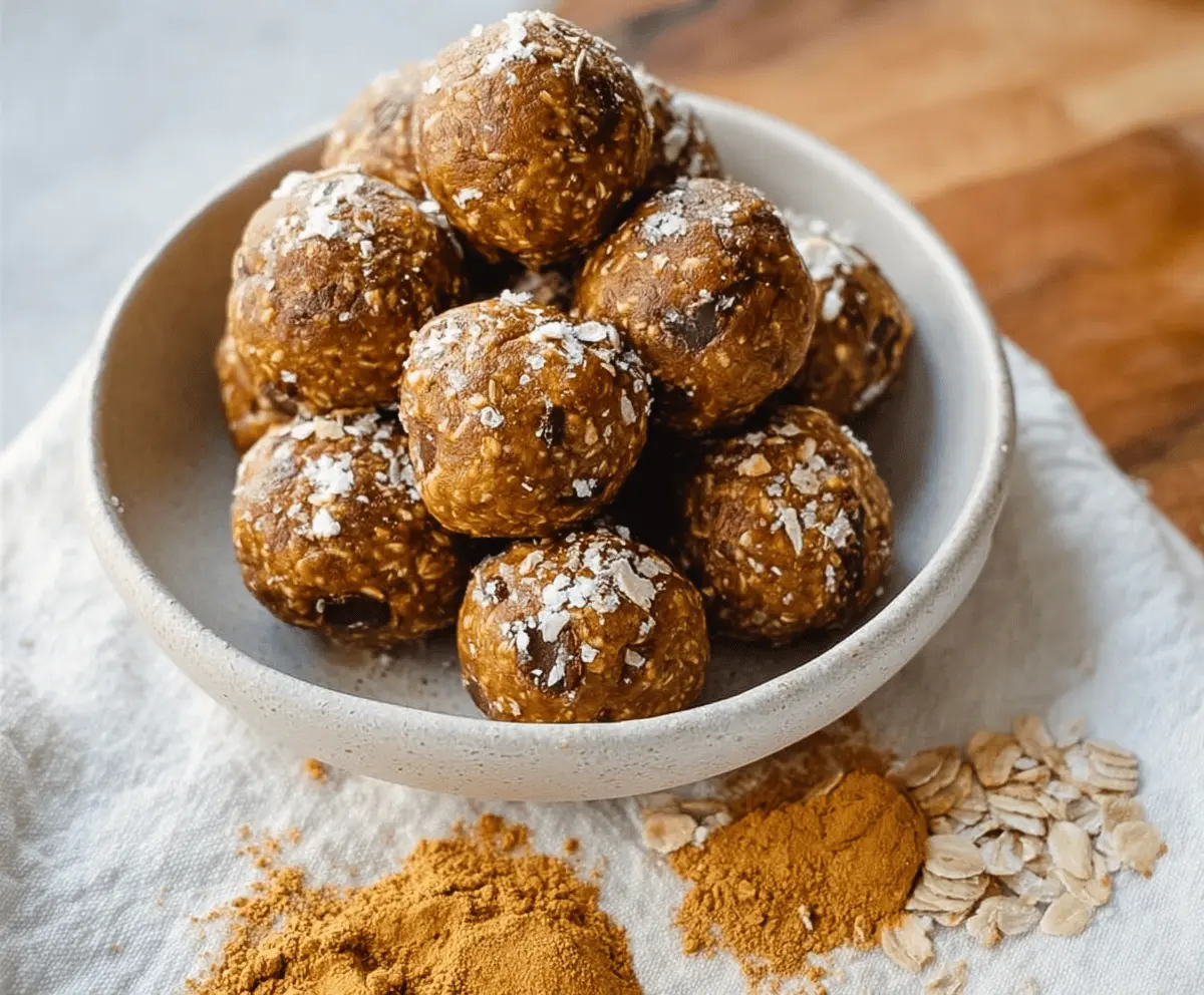Healthy Pumpkin Pie Protein Balls arranged on a white plate, featuring a delicious blend of pumpkin, oats, and protein powder for a nutritious snack.