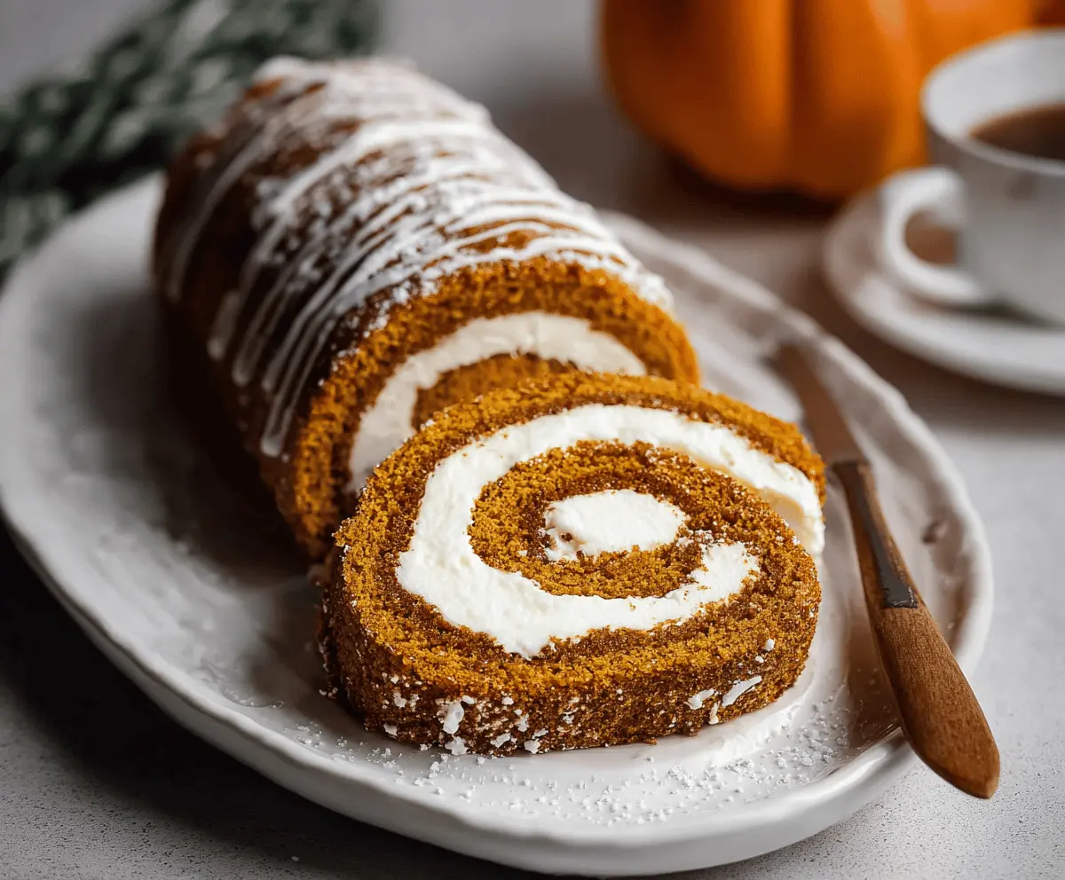 Delicious homemade pumpkin roll cake with cream cheese filling, topped with powdered sugar and cinnamon, perfect for fall desserts.