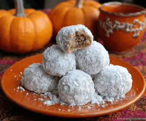 Delicious Pumpkin Snowball Cookies coated in powdered sugar on a festive plate, perfect for fall desserts and holiday treats